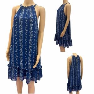 BCBG Paris Blue Floral Ruffle Hem Halter Dress Womens Large